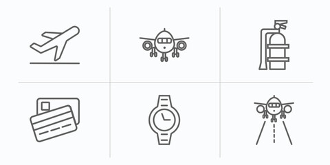 Wall Mural - airport terminal outline icons set. thin line icons such as plane landing, plane front view, extinguisher, two credit cards, modern wirstwatch, landing runway vector.