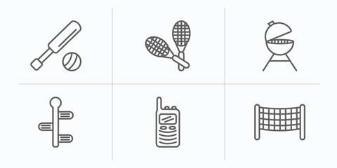 Poster - outdoor activities outline icons set. thin line icons such as cricket, racket, barbacue, , walkie talkies, volleyball net vector.