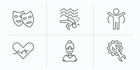 Poster - activity and hobbies outline icons set. thin line icons such as acting, diving, warming up, heart rate, ballerina, repairing vector.