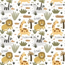 Seamless Pattern With African Animals, Decor Elements. Colorful Illustration For Kids. Hand Drawing, Flat Style. Baby Design For Fabric, Print, Textile, Wrapper