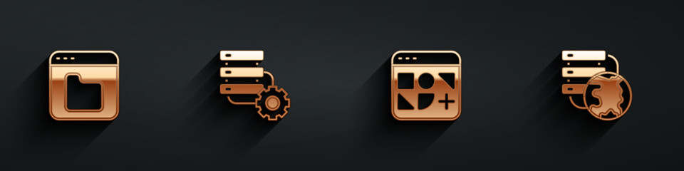 Poster - Set Browser files, Server and gear, Different and Network cloud connection icon with long shadow. Vector
