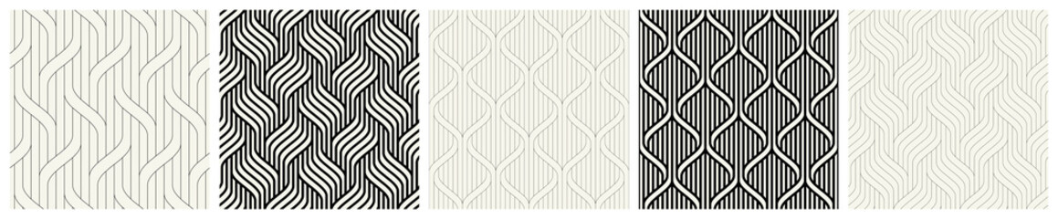 Vector seamless patterns set. Stylish linear ornaments. Geometric striped backgrounds with arches. Art deco thin monochrome swatches. Tileable prints with linear thin and bold weaves.