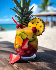 Wall Mural - Alcohol coctail with fruits on summer beach. Fresh tropical drinks with ice and fruits. Tropical cocktail. 3D realistic illustration. Generative AI