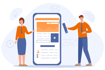 Poster - Mobile design concept. Man and woman will design interface for smartphone. UI and UX design for programs and applications. Designers and freelancers. Cartoon flat vector illustration