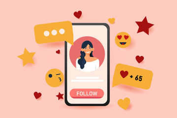 Poster - social media concept. smartphone with woman profile in social networks. young girl with reactions. p