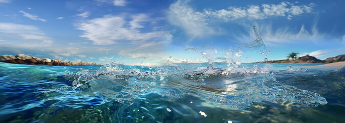 Wall Mural - stormy sea  water splash on mediterranean sea wave blue sky banner,generated ai