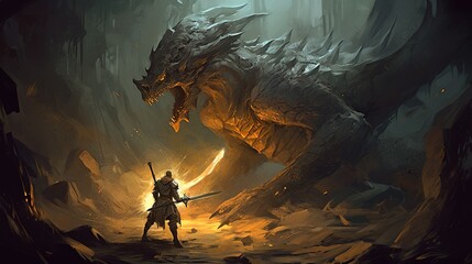 Wall Mural - Knight fighting a dragon. Fantasy concept , Illustration painting. Generative AI