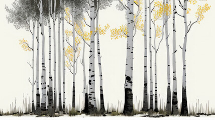 Wall Mural - Birch Grove on a white background in autumn illustration. Generative AI.