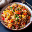 Reis mit Gemüse und Fleisch - KI generierter Inhalt