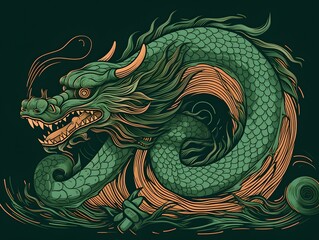 Wall Mural - Green wood dragon, generative ai illustration