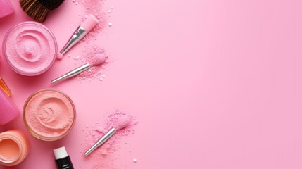 Makeup products on pink background. Illustration AI Generative.