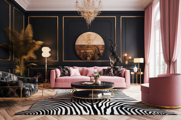 Modern glamour living room. Luxury interior design with pink, golden, black colors and animal zebra texture. Super photo realistic background, generative ai illustration