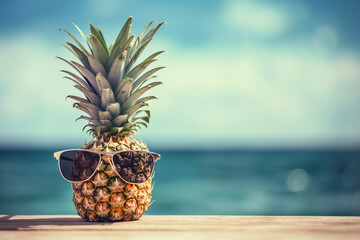 Wall Mural - pineapple with sunglasses, tropical beach background