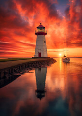 Wall Mural - north sea lighthouse with sailboat art