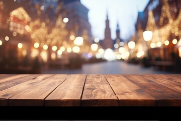 Wall Mural - empty old wooden table in front of a christmas market , christmas lights in the background