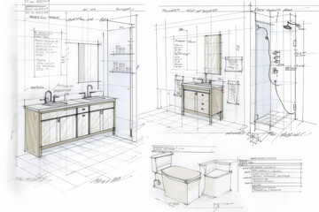 drawings of plans for a bathroom build, bathroom sketch art