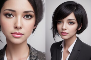 Wall Mural - Collage of Two of Young short black hair business ladies looking into camera in her office. Beautiful business women in a black jacket and grey top posing for a picture. Generative AI