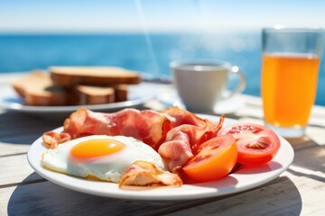 Wall Mural - Full English Breakfast including sausages, grilled tomatoes and mushrooms, egg, bacon, baked beans and bread. Generated by AI