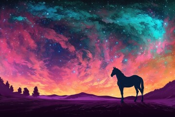 Canvas Print - Horse standing under stars in the background. Style of colorful fantasy realism cosmic landscape. Generative AI