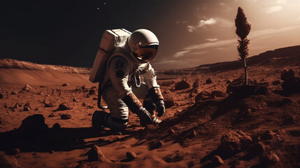 Wall Mural - astronaut planting a green tree on the red planet mars