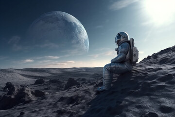 Wall Mural - astronaut sitting on the moon looking at earth