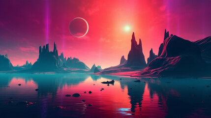 Wall Mural - a distant planet near the water and city in the futuristic metaverse landscape