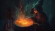 Witch brewing a potion in a cauldron. Fantasy concept , Illustration painting. Generative AI