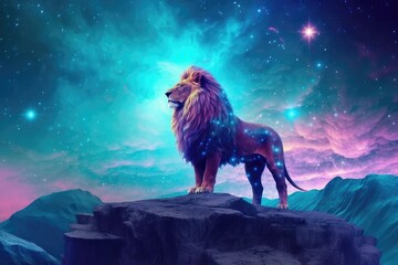 Canvas Print - Lion standing under stars in the background. Style of colorful fantasy realism cosmic landscape.  Generative AI