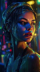 Portrait of woman with glowing hair in a futuristic metropolis entertainment venue, cyberpunk sci-fi artdeco illustration - Generative AI