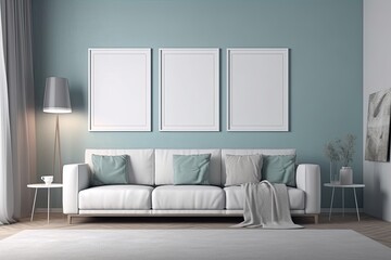 Wall Mural - Light gray and blue modern living room with white couch and empty frame - generative ai