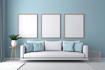 Wall Mural - Light gray and blue modern living room with white couch and empty frame - generative ai