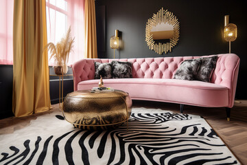 Modern glamour living room. Luxury interior design with pink, golden, black colors and animal zebra texture. Super photo realistic background, generative ai illustration