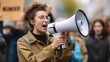 Female activist protesting with megaphone during a demonstration. Generative AI	
