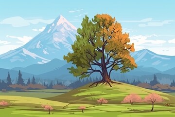 Sticker - majestic tree on a hill with a scenic mountain landscape in the background Generative AI