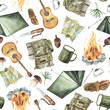 Watercolor camp seamless pattern, adventure outdoor tourist camping symbols Tent Bonfire Multifunction knife map backpack mug rope background, active travel vacations sport for summer.