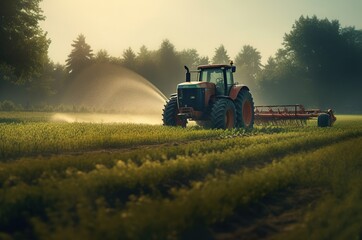 A tractor with an irrigation system waters seedlings in an agricultural field. Generative AI