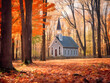 a small white wooden Protestant church in an autumnal American forest in New Hampshire - generative AI