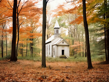 A Small White Wooden Protestant Church In An Autumnal American Forest In New Hampshire - Generative AI