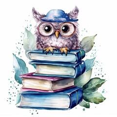  Watercolor books wuth owl. Illustration AI Generative.