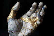 Sculpture Of Hands, A Gold Vein Pattern Inlaid In Marble. Generative AI