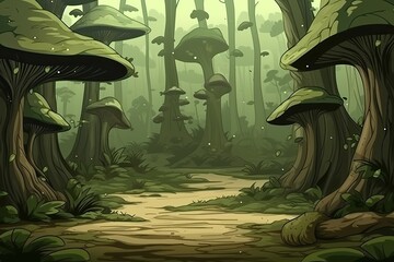 Sticker - winding forest path with a plethora of mushrooms scattered throughout Generative AI