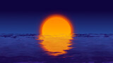 Fototapeta Zachód słońca - Illustration of sunset on sea beach cartoon style retro wallpaper. Vintage image of orange sun over water reflects on sea waves surface in high 8k resolution