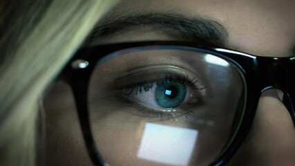 Poster - Eye, cyber security or programmer woman at night face thinking for UX SEO software, web design or database coding. Glasses, reflection or happy developer for programming, data analysis or media code