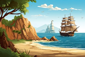 Canvas Print - pirate ship navigating through rough waters near a cliff-filled coast Generative AI