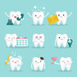 Cute teeth set with different emotions and actions.  Call us, hotline, email, appointment, location, caries Kawaii cartoon style characters , good for website, webdesign, label design, stickers.