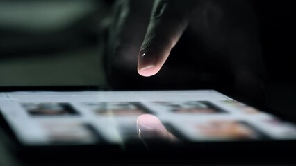 Poster - Search, night or zoom hands with tablet for internet research, social media or networking on table. Technology, online or hand scrolling on digital mobile for social network, planning or media app