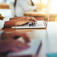 Poster - Hands, coworking or person typing on laptop networking on business project or online research at office desk. Woman, closeup or worker copywriting on blog report or internet article with keyboard