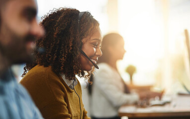 Aufkleber - Coworking, contact us or happy woman in call center consulting, speaking or talking at customer services. Virtual assistant, friendly or sales consultant in telemarketing or telecom company help desk