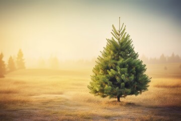 Poster - solitary pine tree standing in an open field Generative AI