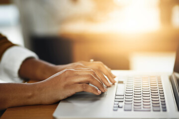 Poster - Hands, office or woman typing on laptop working on business project or online research at desk. Person, closeup or female worker copywriting on startup blog report or internet article with keyboard